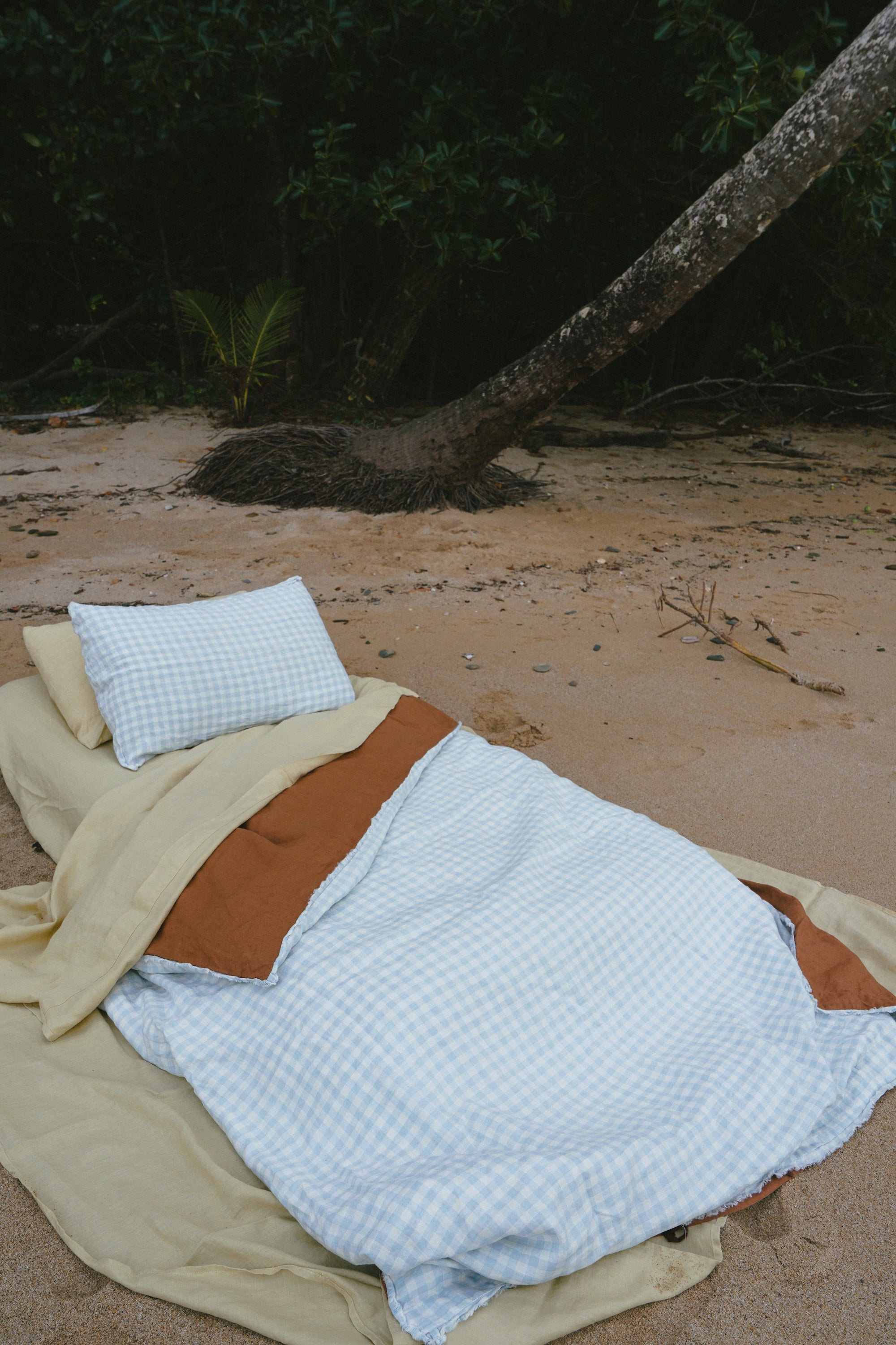 Pure Linen Quilt Cover | Sky Gingham and Toffee