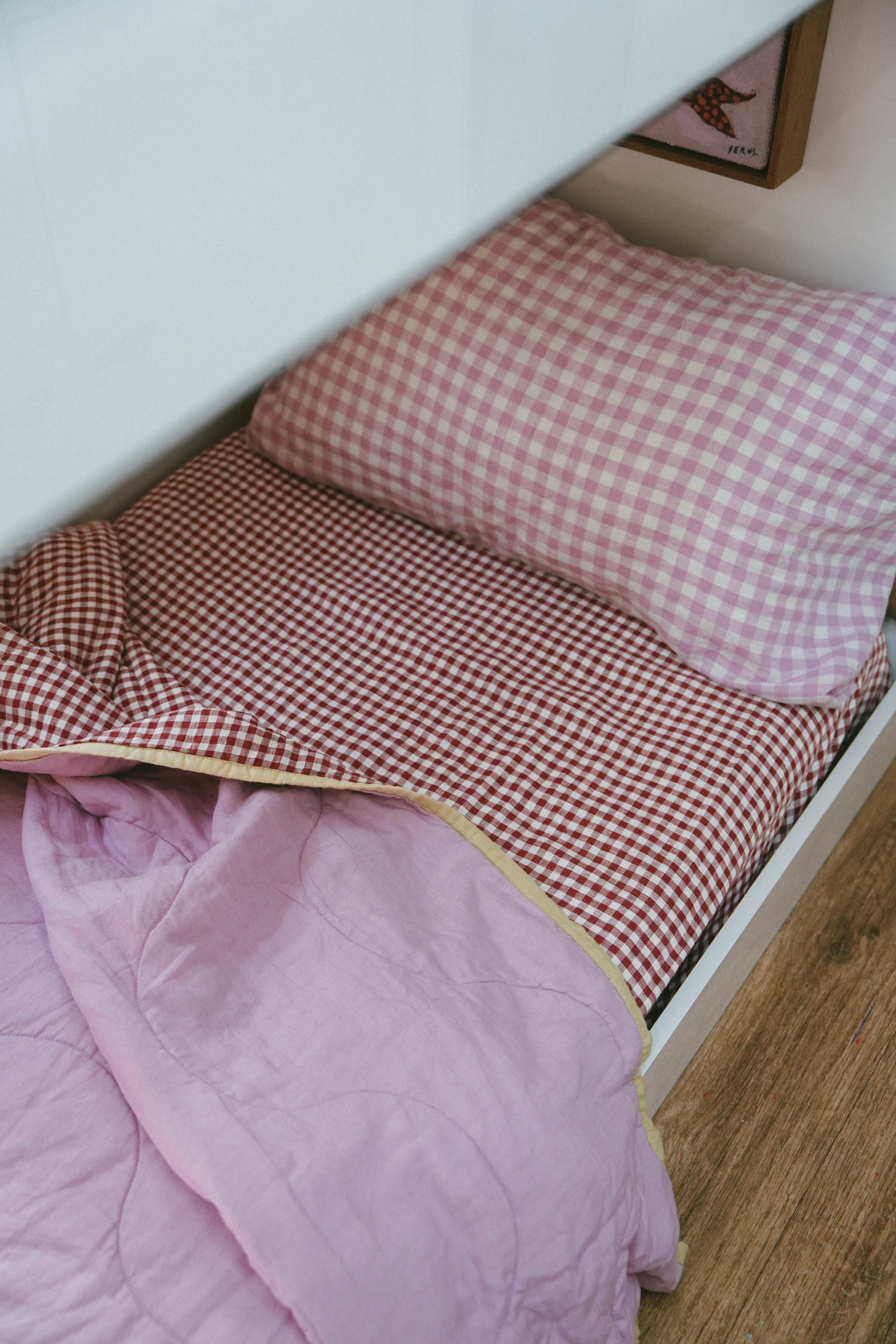 Pure Linen CARAVAN BUNK Quilt | Mulberry Gingham and Lilac