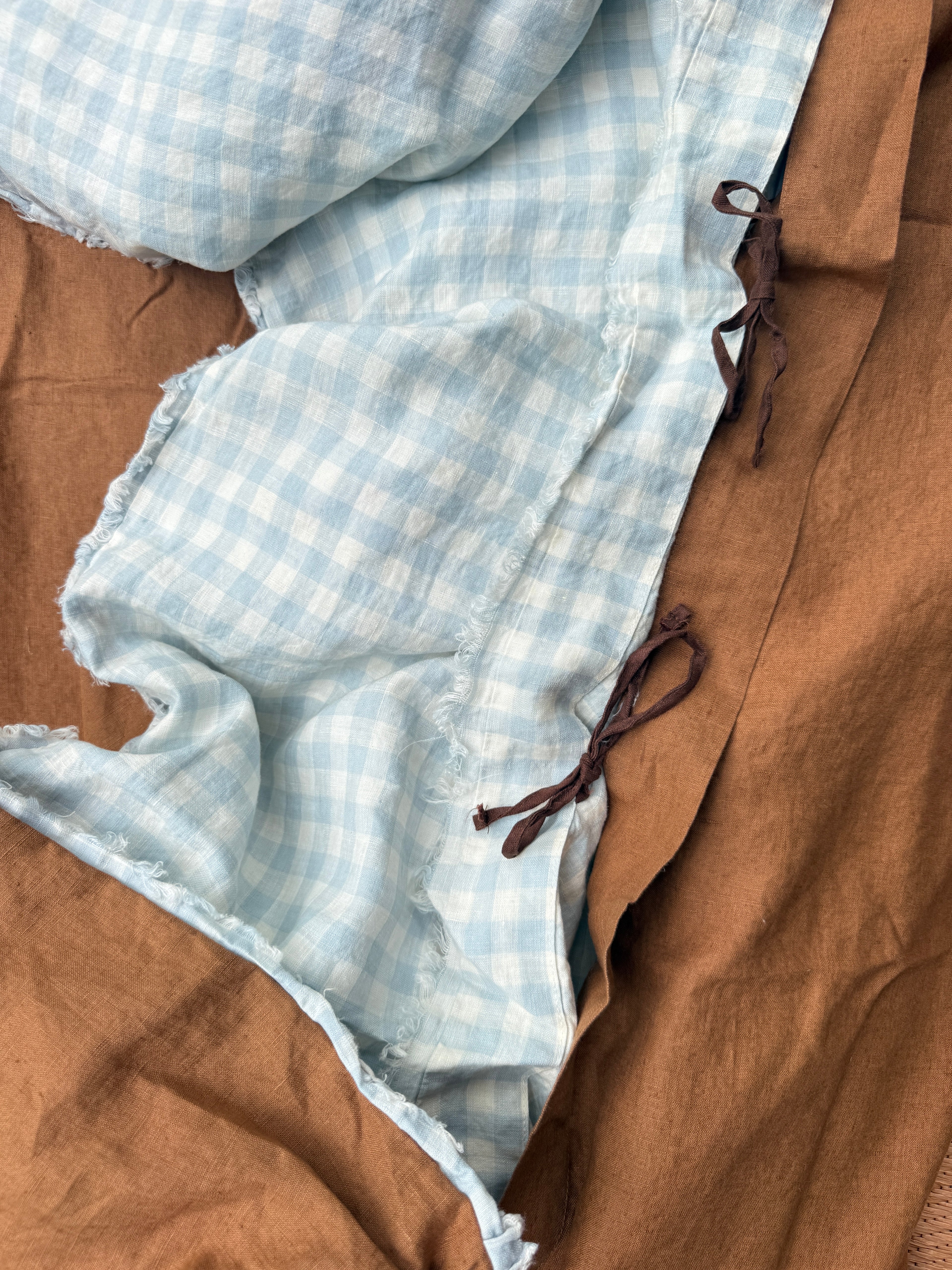 Pure Linen Quilt Cover | Sky Gingham and Toffee