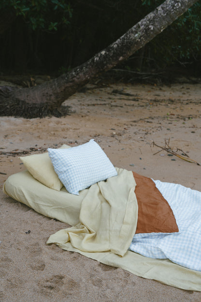 Pure Linen Quilt Cover | Sky Gingham and Toffee