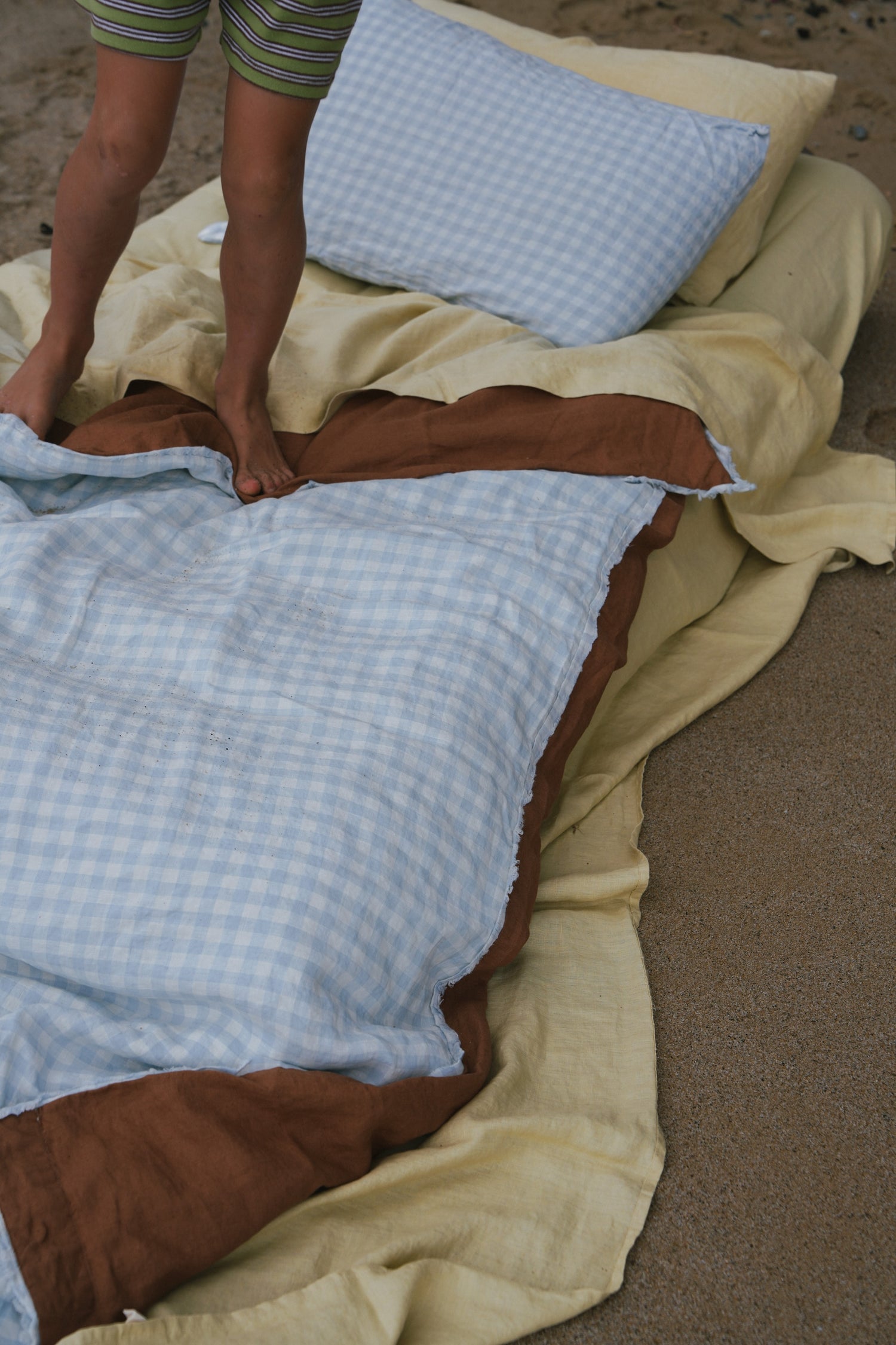 Pure Linen Quilt Cover | Sky Gingham and Toffee