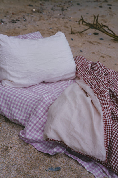 Pure Linen Quilt Cover | Mulberry Gingham and Apricot