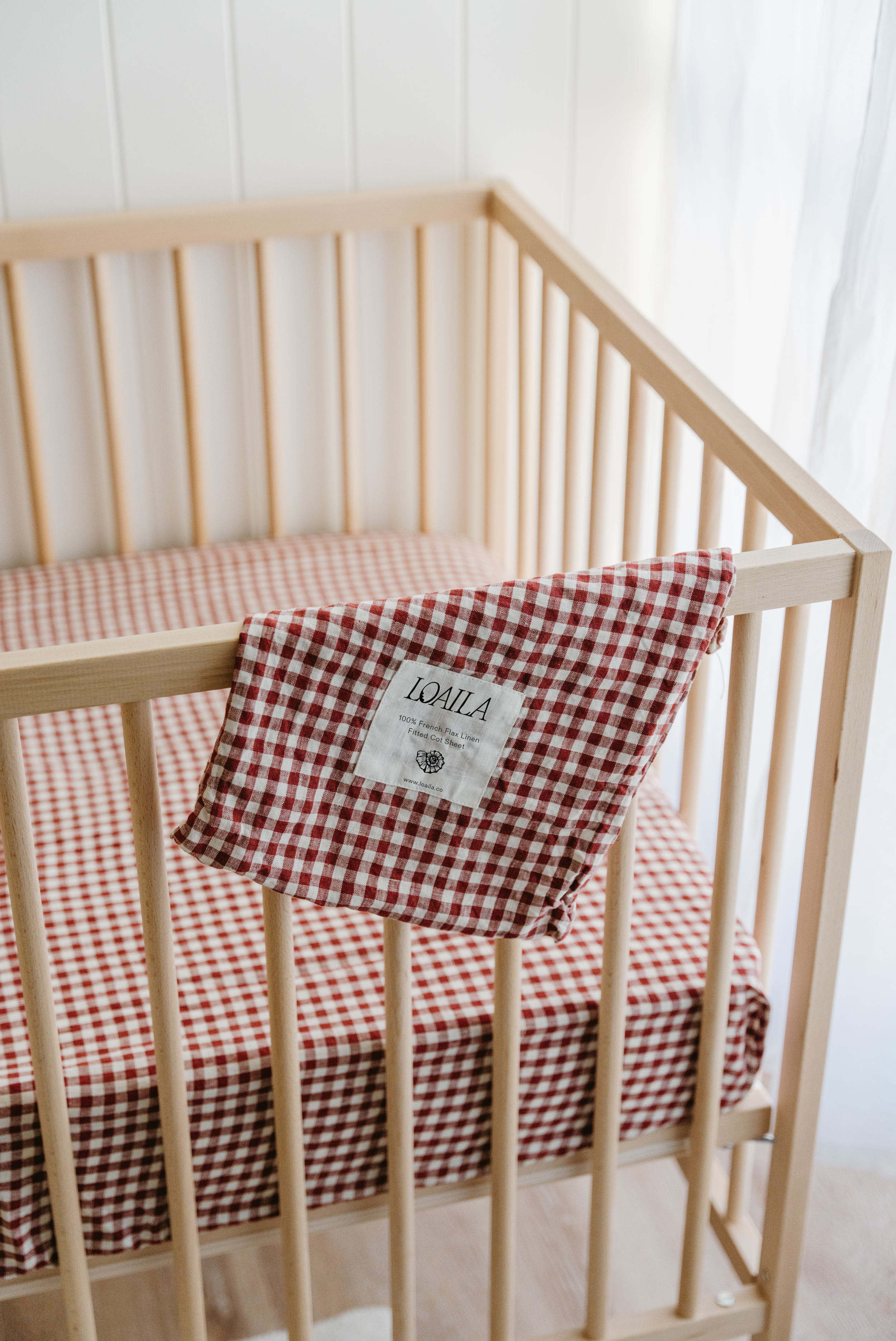Mulberry Gingham Linen Cot Sheet
